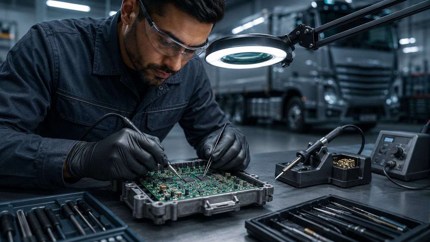 Técnico reparando módulo ECU en laboratorio electrónico